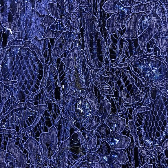 Theia Shimmering Element Gown 4 Metallic Floral Lace Cap Sleeve Crew Maxi Blue - Picture 7 of 8